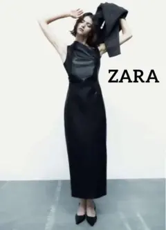 ZARA フェイクレザー ミディ ワンピース M ブラック 新品 完売 スリット