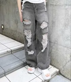INGNI クラッシュデニムワイドパンツ グレー