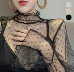 【短納期】フリルハイネック シアートップス シースルー 着痩せ 大人可愛い