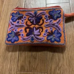 花柄 刺繍 ポーチ オレンジ