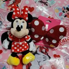 ディズニー　ミニーぬいぐるみバッジ　ノーマル　ミニーヘアゴム大サイズ　新品タグ付
