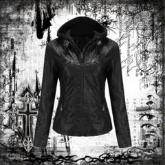 グランジ　ブラックフード付きフェイクレザージャケット　ライダースジャケット　S