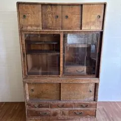 【古道具】木製キャビネット（モールガラス・引き出し付き）古道具・DIY・収納棚 古道具】木製キャビネット（モールガラス・引き出し付き）古道具・DIY