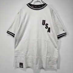 TOMMY HILFIGER　リンガー Tシャツ　S　ビッグロゴ　刺繍　古着