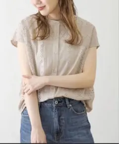 バンドカラーコットンレースシャツ