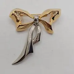 ヴィンテージ リボン ブローチ コンビカラー ゴールド シルバー