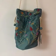 Casselini 花柄 刺繍　巾着　バッグ グリーンのサムネイル
