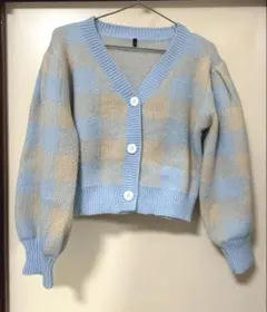 ニットカーディガン　ショート丈　チェック柄