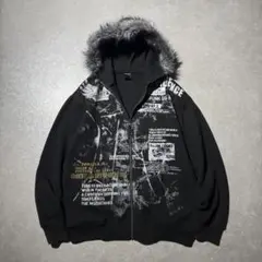 00s gothic design fur zipup hoodie y2k