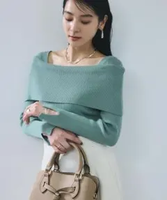 オフショルダー長袖ニット ミントグリーン