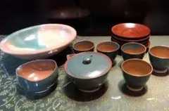 上野焼・菓子鉢と急須湯吞み湯さまし煎茶器セット茶托付値下げ済み