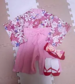 ひなまつり　お食い初め　ピンク×花柄袴ロンパース　足袋靴下ヘアバンド付き