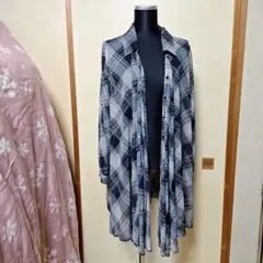 【no.61】Lサイズ　ネイビーグレー チェック柄 ロングシャツ