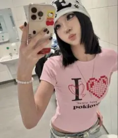 I love pokiovo ピンク 半袖 Tシャツ Y2K