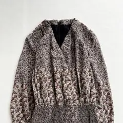 昭和レトロ ボルドー小花柄シャーリングウエスト プリーツ ロングワンピース 長袖