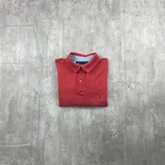 トミーヒルフィガー ポロシャツ XL 赤 刺繍ロゴ 鹿の子 半袖 大きめ 夏映え