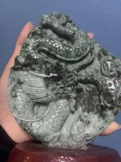 古代 和田玉(ホータン)両面細工彫り『双獣紋』 楕円形玉牌 根付 提げ物