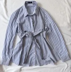 SHEIN ストライプ柄 長袖シャツ ウエストリボン付きのサムネイル