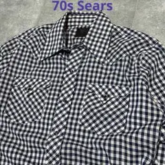 70s Sears ギンガムチェック 青白　ウエスタンシャツ