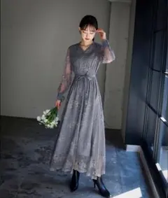 美品 GIRL フロントボタン総レースフレアロング丈結婚式ワンピースドレス