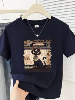 エジプト猫のイラストTシャツネイビー半袖 綿100％サイズ：3XL 年末祭開催中
