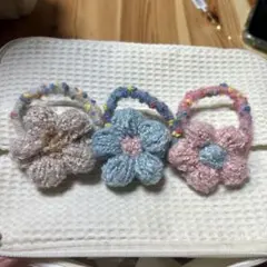 花モチーフ ヘアゴム 3セット水色　茶色　ピンク花柄　お花　ヘアゴム