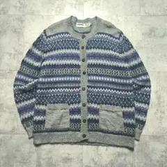【ペルー製】 アルパカ100% ノルディック柄 ニットカーディガン 総柄 グレー