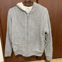 グレー フリース内側 ケーブル編みパーカー