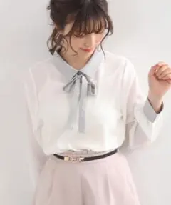 リボン付きホワイト長袖ブラウス　バイカラーボウタイシャツ