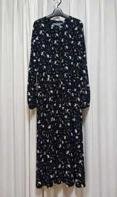 GLOBAL WORK 黒地 ボタニカル柄 バンドカラー ロングワンピース