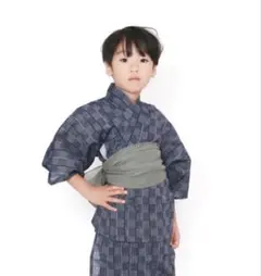 新品未使用　子供用 浴衣 紺色 ストライプ 帯付き