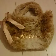 フェイクファー トート バッグ リボン付き 美品 ベージュ