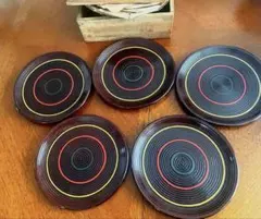 アンティーク　漆器皿 5枚セット 独楽塗　コマ塗り　木箱付き　ビンテージ