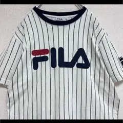 FILA フィラ Tシャツ 半袖 ホワイト でかロゴ ストライプ L