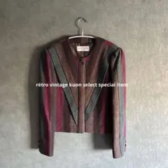 昭和レトロクロップド丈ジャケット　ノーカラージャケット　バイカラーストライプ柄