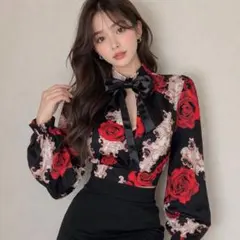 リボンネック ボウタイ ブラウス 花 フラワー ランタンスリーブ クロップド丈