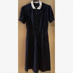 半袖　ワンピース　ネイビー　紺　ドット　夏服　襟あり　ボタン　かわいい　デート