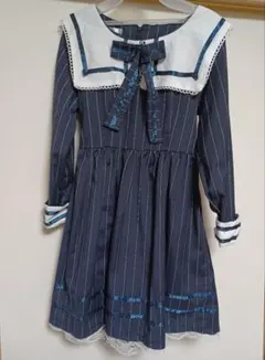 ネイビー×ストライプ　セーラーカラーワンピース　セーラー襟　フリルレース　リボン