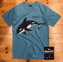 Tシャツ 古着 80s Anvil アンビル 青 L 両面 シャチ 魚 お土産