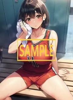 汗を拭くバスケ部女子選手 AIイラスト A4サイズポスター