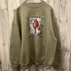 90s TULTEX スウェット オリーブ カーディナル 鳥プリント アニマル