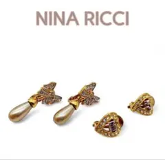 ニナリッチ イヤリング 2点 ハート＆リボン ラインストーン ヴィンテージ