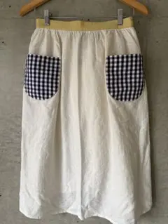 ほにや　ホワイト リネン風スカート チェックポケット