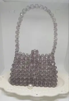 ハンドメイドビーズミニバッグ　グレー