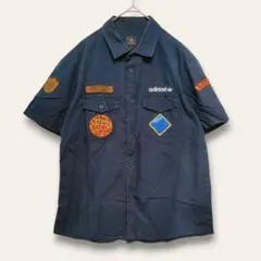 【アディダス】ミリタリーシャツ　半袖　ワッペン　紺　S　ヴィンテージ風　古着