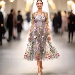 シースルー パーティードレス 花柄 刺繍 フローラル フラワー シフォン