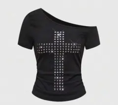 ワンショルダー Tシャツ ブラック 十字架 グランジ y2k ROMWEのサムネイル