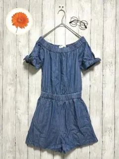 XS【ZARA】オフショルダーサロペット　オールインワン　ストライプ柄インディゴ
