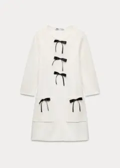 限定価格【ZARA】ザラ リボン　アイボリー 長袖 ワンピース