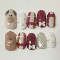 ネイルチップ/バレンタイン ニュアンス くま 犬 チェック リボン 冬 ボルドー